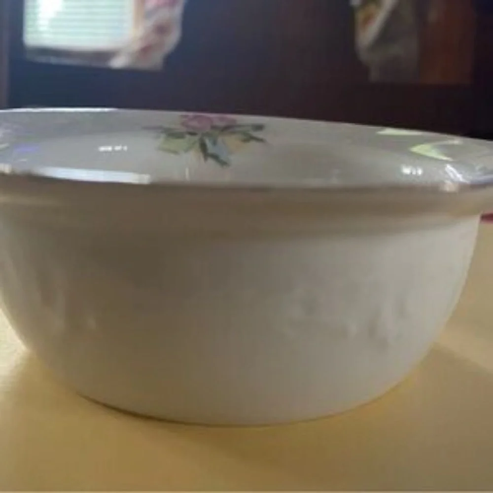 Porcelain Floral Serving Bowl in White with Pink Roses